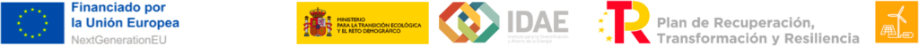 Banner con logos de la UE y NextGenerationEU, Ministerio para la Transición Ecológica, IDAE, Plan de Recuperación, Transformación y Resiliencia, y un icono de turbina eólica en naranja.